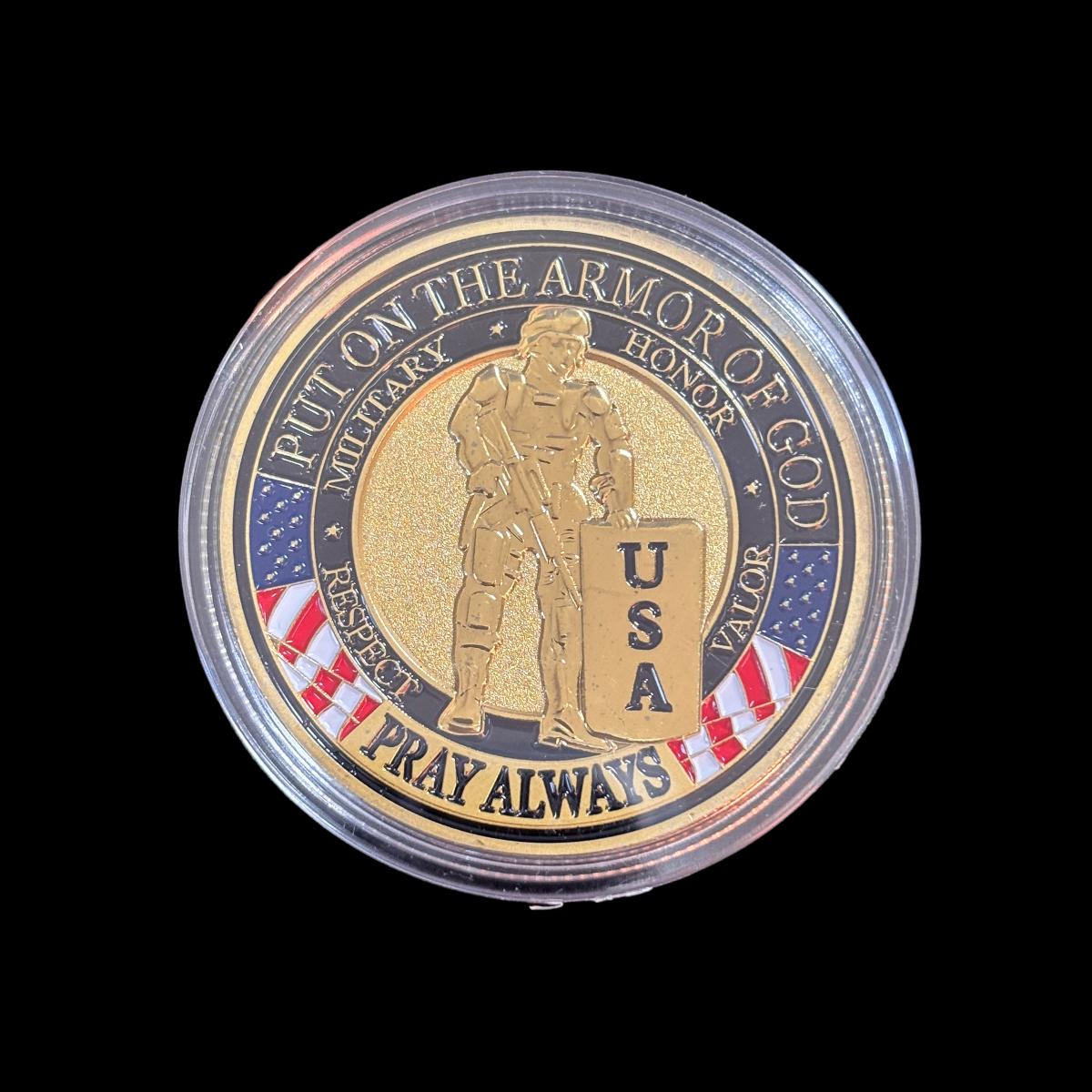 Lege keine Rüstung Gottes an, bete immer, Challenge Coin