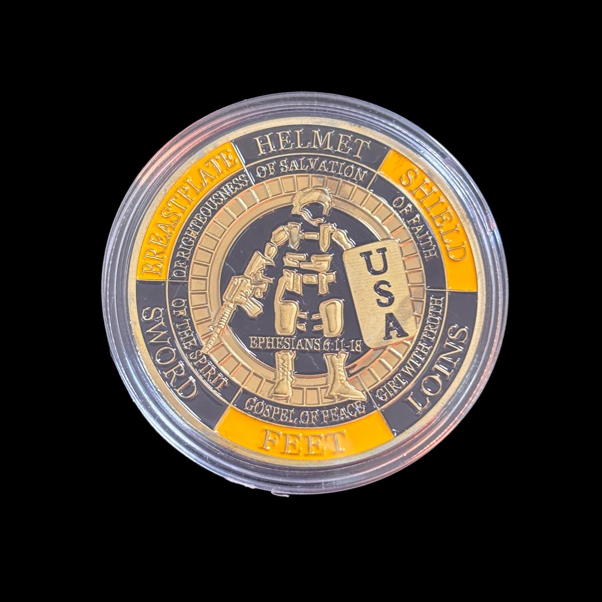 Lege keine Rüstung Gottes an, bete immer, Challenge Coin