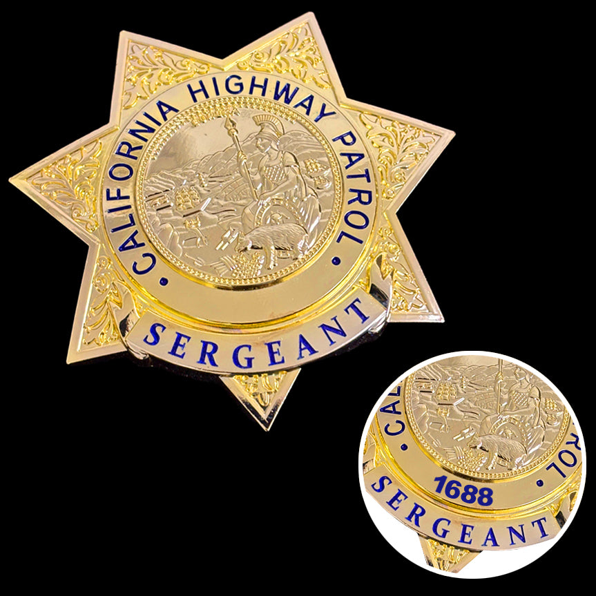US CHP Sergeant Highway Patrol Abzeichen Replik Film Requisiten Anpassbare Nummer