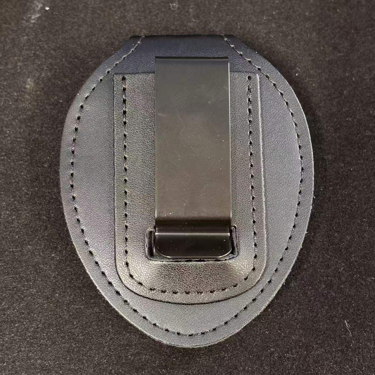 Genuine leather embedded oval police badge holder clip