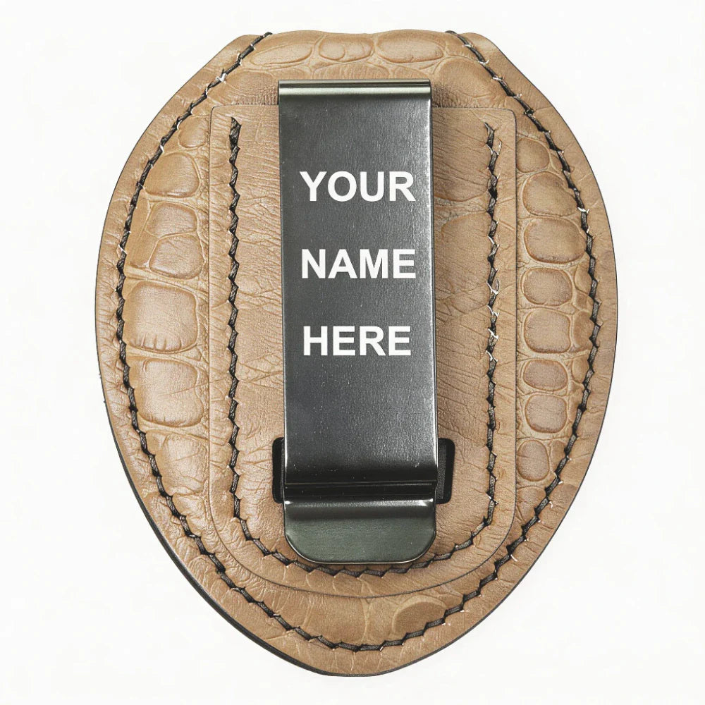 Porta Placa de Policía Ovalado de Cuero Genuino Personalizado - Estuche SP002 con Clip para Cinturón y Cadena para Cuello