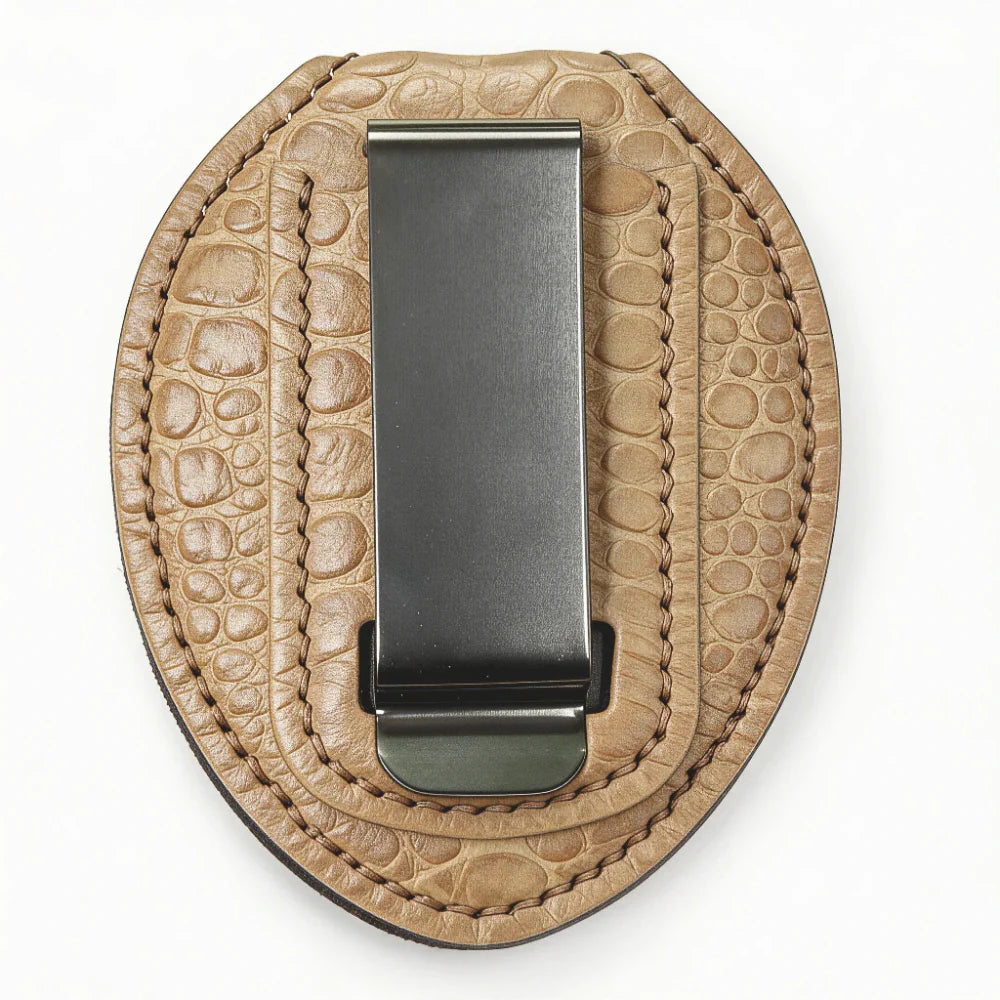 Porta Placa de Policía Ovalado de Cuero Genuino Personalizado - Estuche SP002 con Clip para Cinturón y Cadena para Cuello