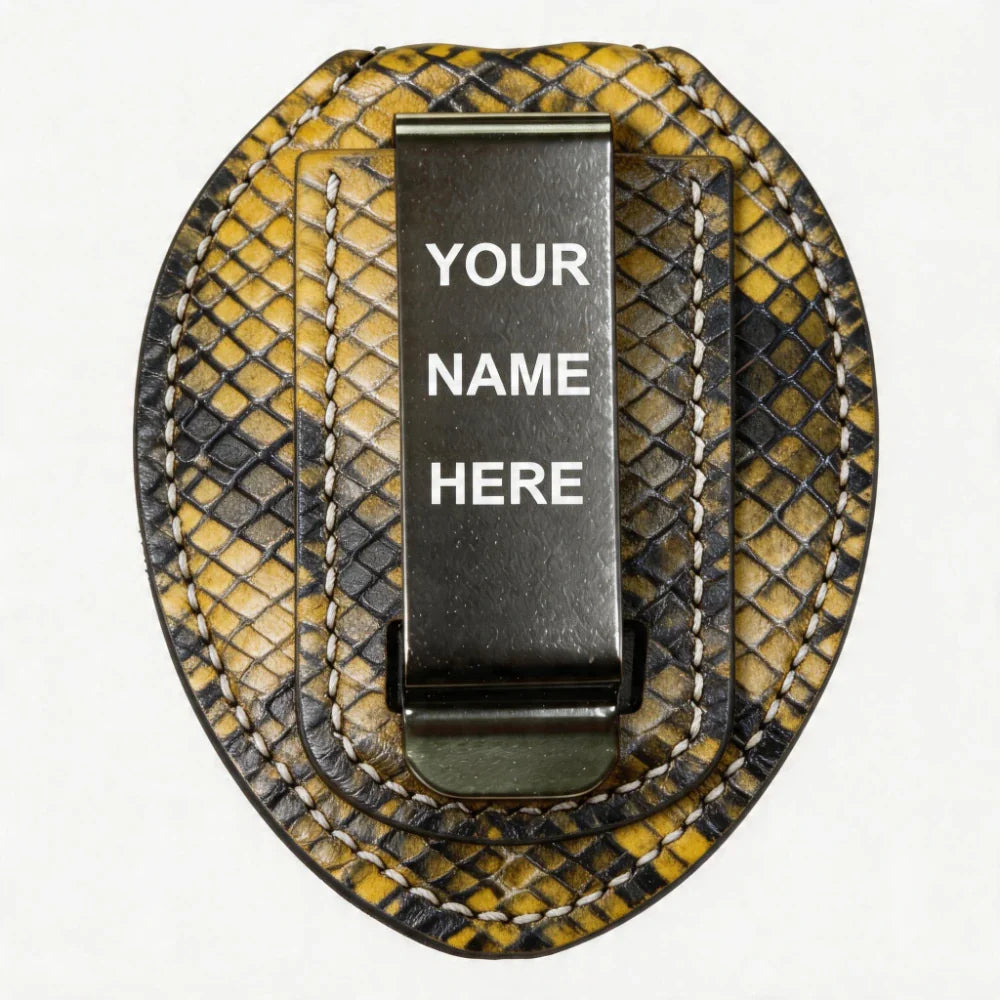 Portaplacas ovalado de cuero genuino personalizado - Estuche P012 con clip para cinturón y cadena para cuello