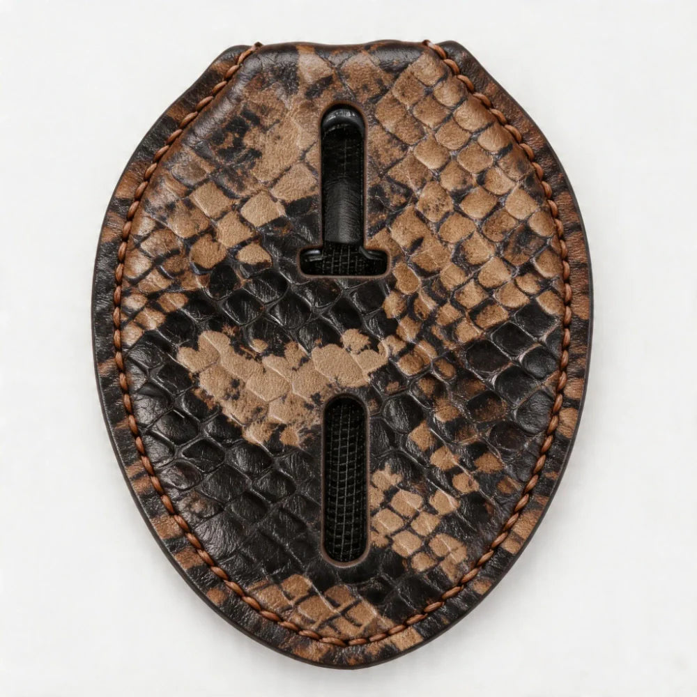 Funda ovalada de cuero genuino personalizada para placa de policía - Estuche P006 con clip para cinturón y cadena para cuello