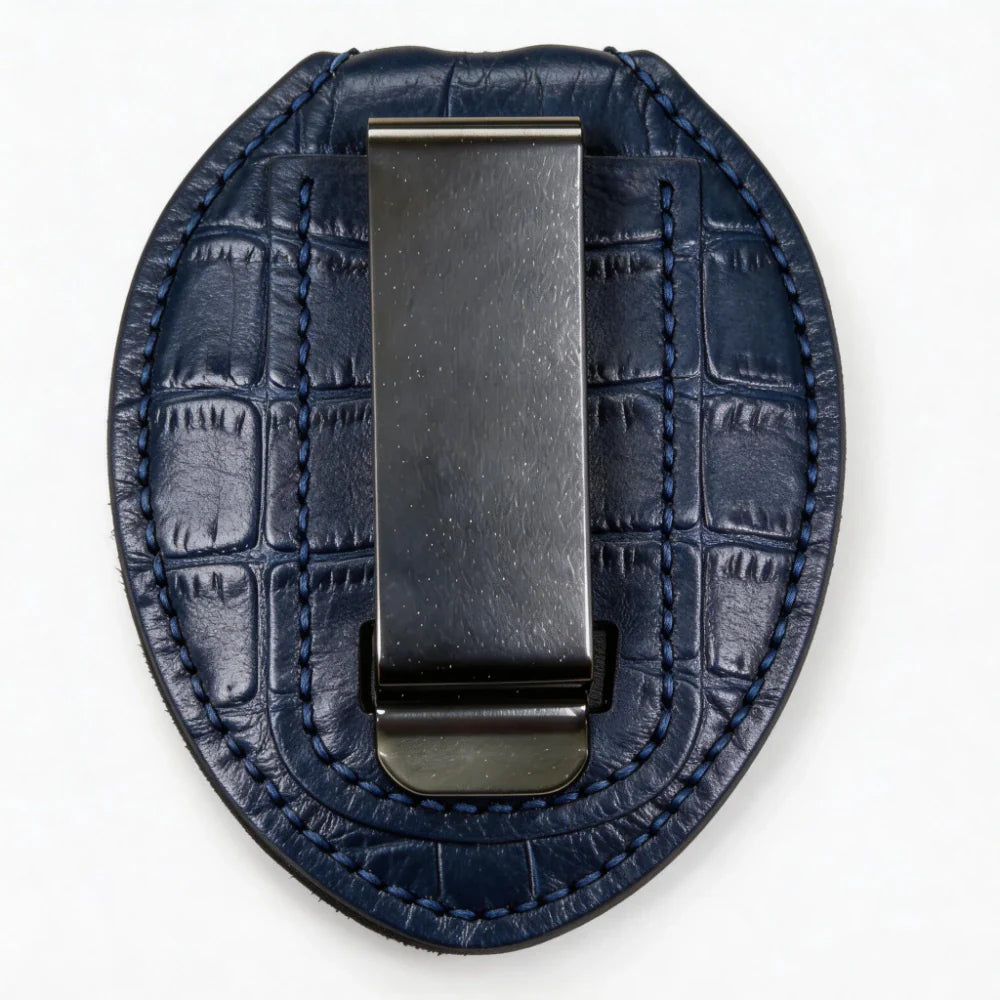 Porta Placa de Policía Ovalado de Cuero Genuino Personalizado - Estuche B004 con Clip para Cinturón y Cadena para el Cuello