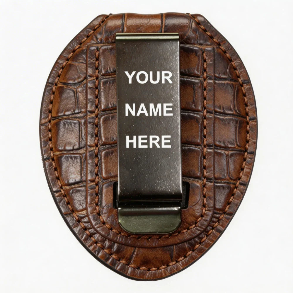 Funda ovalada de cuero genuino personalizada para placa de policía - Estuche C003 con clip para cinturón y cadena para el cuello