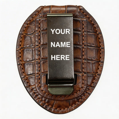 Funda ovalada de cuero genuino personalizada para placa de policía - Estuche C003 con clip para cinturón y cadena para el cuello