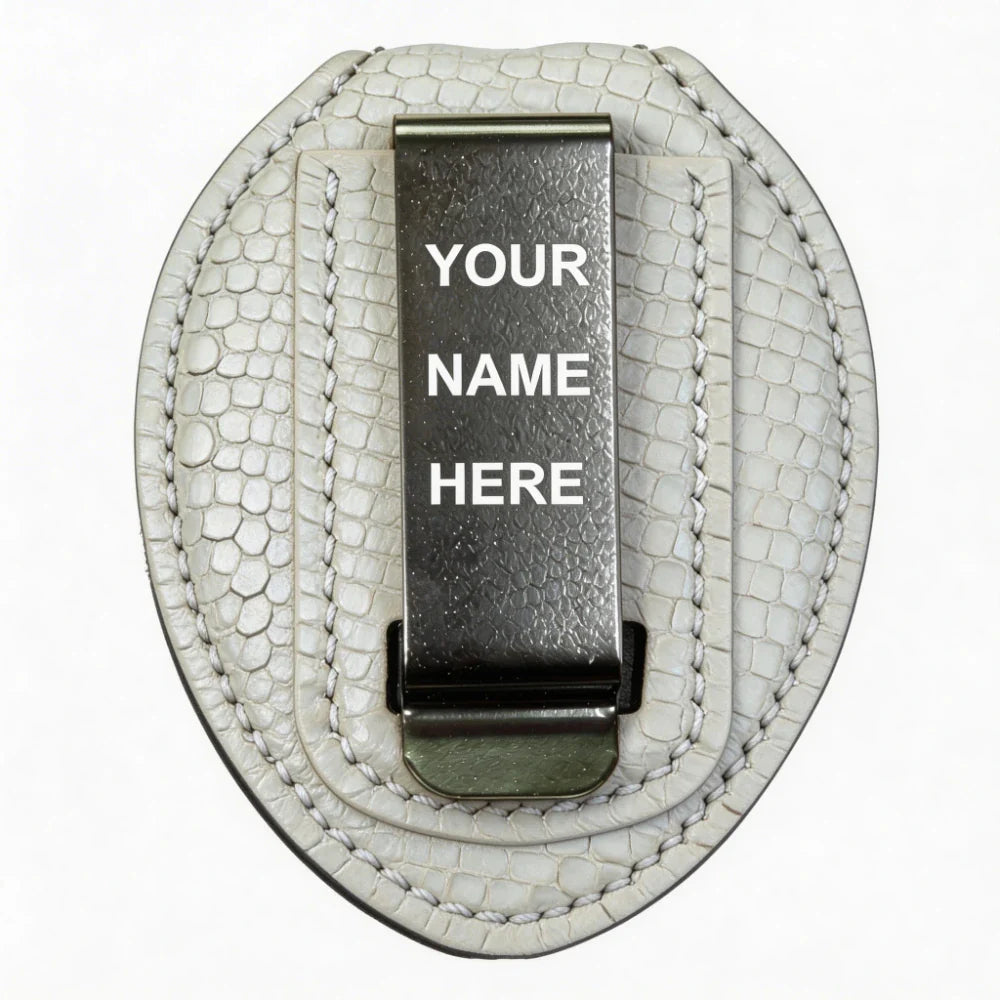 Porta-placa ovalado de cuero genuino personalizado - Estuche L004 con clip para cinturón y cadena para el cuello