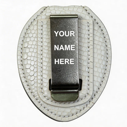 Porta-placa ovalado de cuero genuino personalizado - Estuche L004 con clip para cinturón y cadena para el cuello