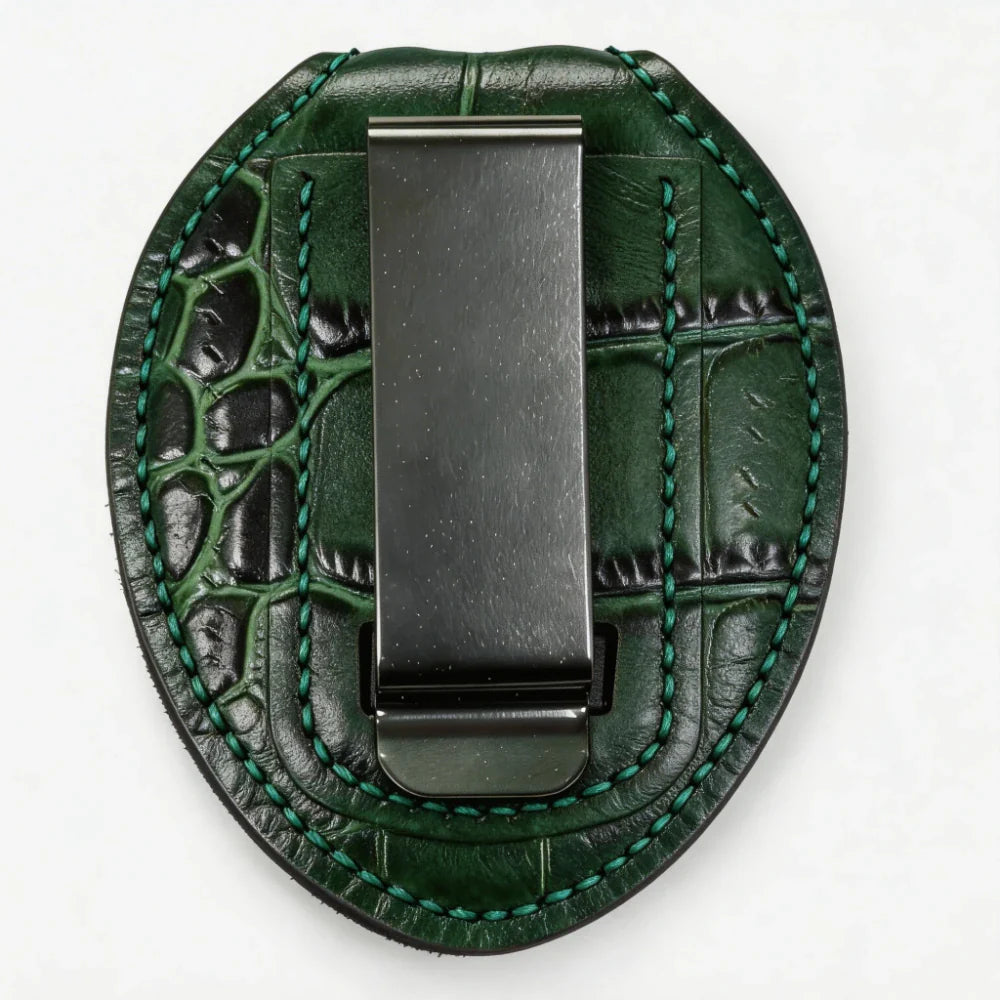 Porta Placa Ovalado de Cuero Genuino Personalizado para Policía - Estuche C005 con Clip para Cinturón y Cadena para Cuello