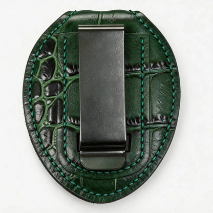Porta Placa Ovalado de Cuero Genuino Personalizado para Policía - Estuche C005 con Clip para Cinturón y Cadena para Cuello