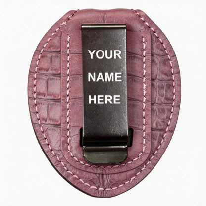 Porta Placa de Policía Ovalado de Cuero Genuino Personalizado - Funda C004 con Clip para Cinturón y Cadena para el Cuello