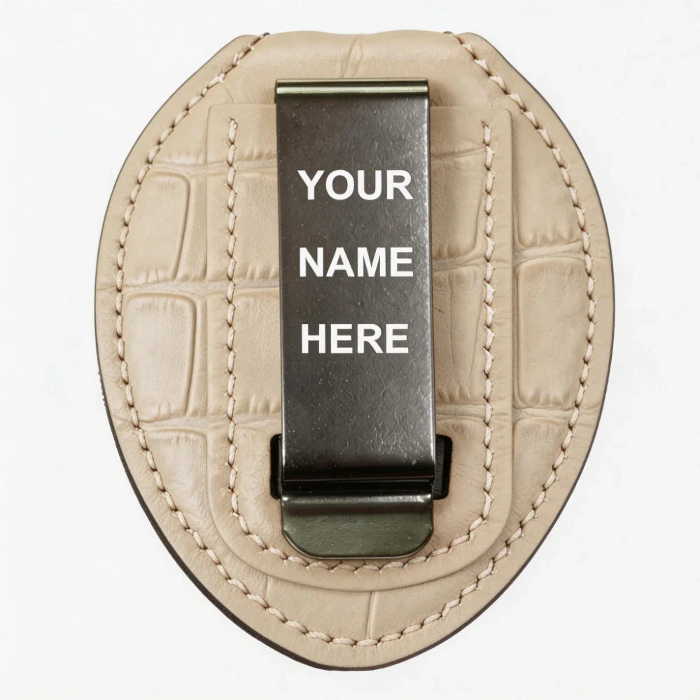 Tarjetero ovalado de cuero genuino personalizado para placa de policía - Estuche B008 con clip para cinturón y cadena para cuello