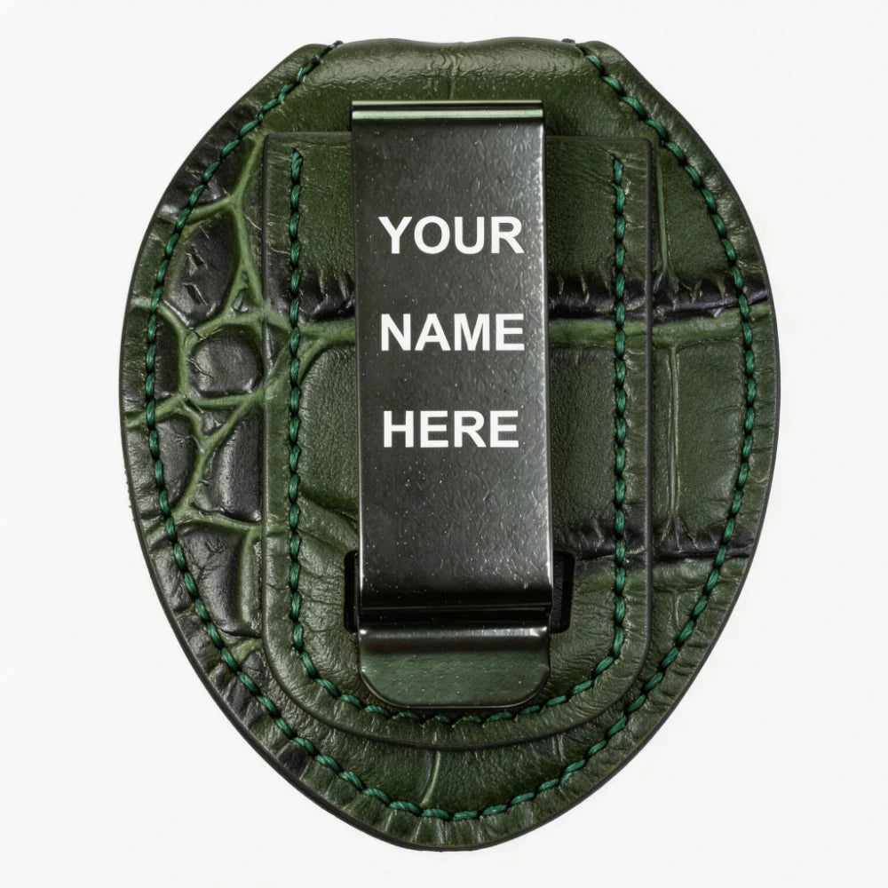 Porta Placa Ovalado de Cuero Genuino Personalizado para Policía - Estuche C005 con Clip para Cinturón y Cadena para Cuello