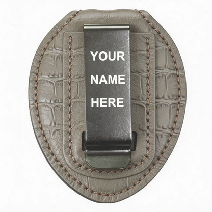 Porta-Placa Ovalado Personalizado de Cuero Genuino para Policía - Estuche B007 con Clip para Cinturón y Cadena para el Cuello