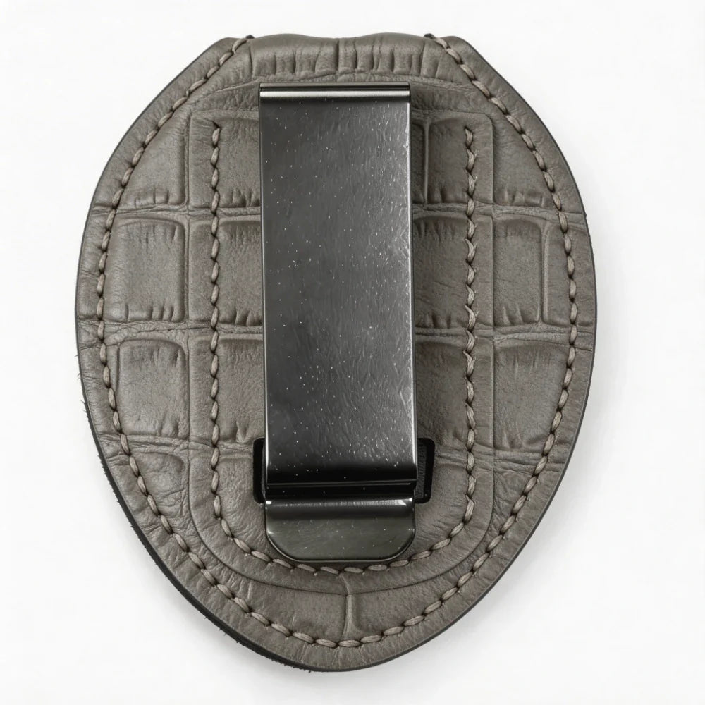 Porta-Placa Ovalado Personalizado de Cuero Genuino para Policía - Estuche B007 con Clip para Cinturón y Cadena para el Cuello