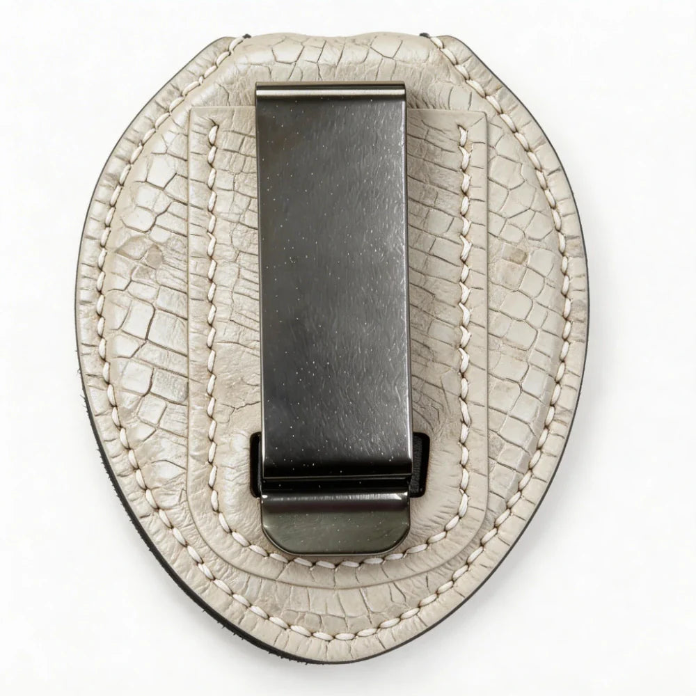 Porta-placa ovalado de cuero genuino personalizado - Estuche L004 con clip para cinturón y cadena para el cuello