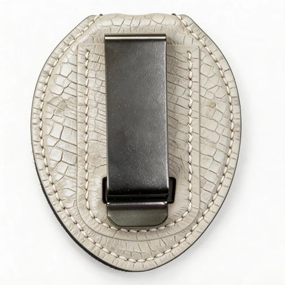 Porta-placa ovalado de cuero genuino personalizado - Estuche L004 con clip para cinturón y cadena para el cuello