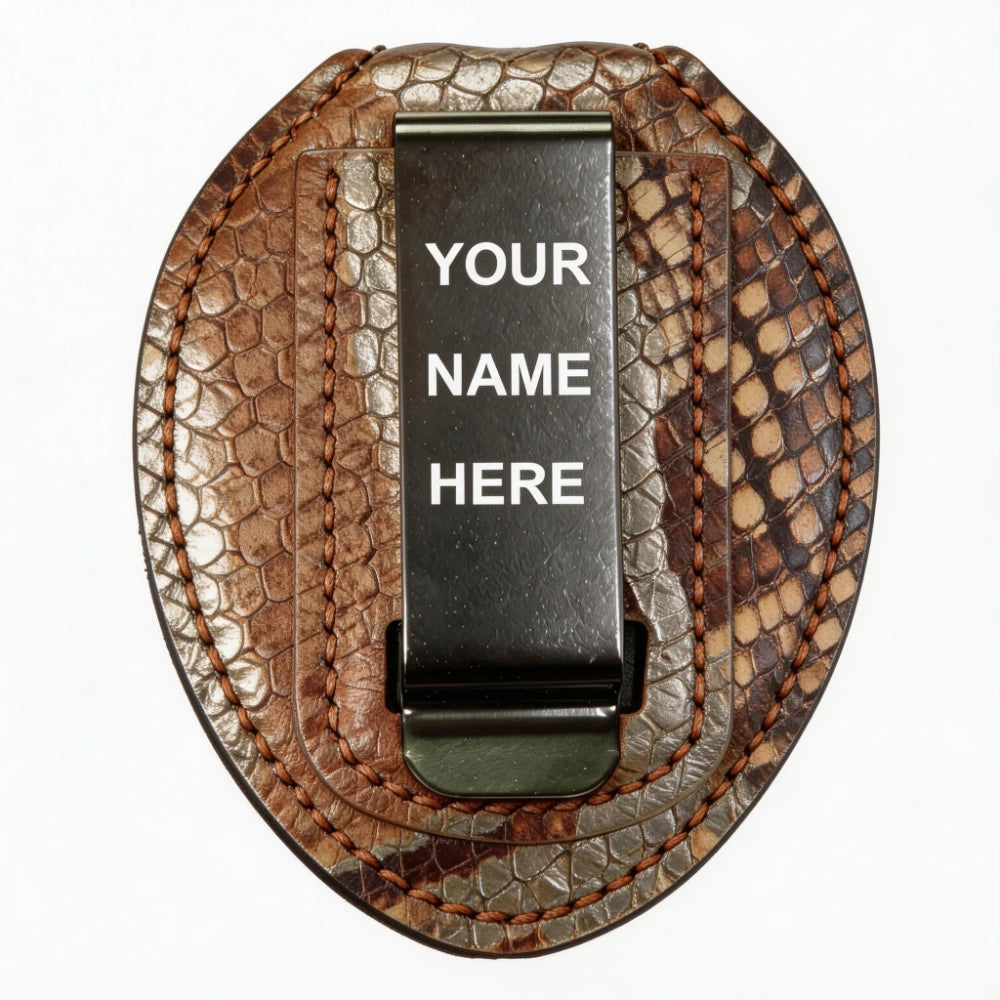 Tarjetero de insignia ovalado de cuero genuino personalizado - Estuche S007 con clip para cinturón y cadena para el cuello