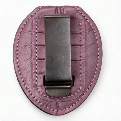 Porta Placa de Policía Ovalado de Cuero Genuino Personalizado - Funda C004 con Clip para Cinturón y Cadena para el Cuello
