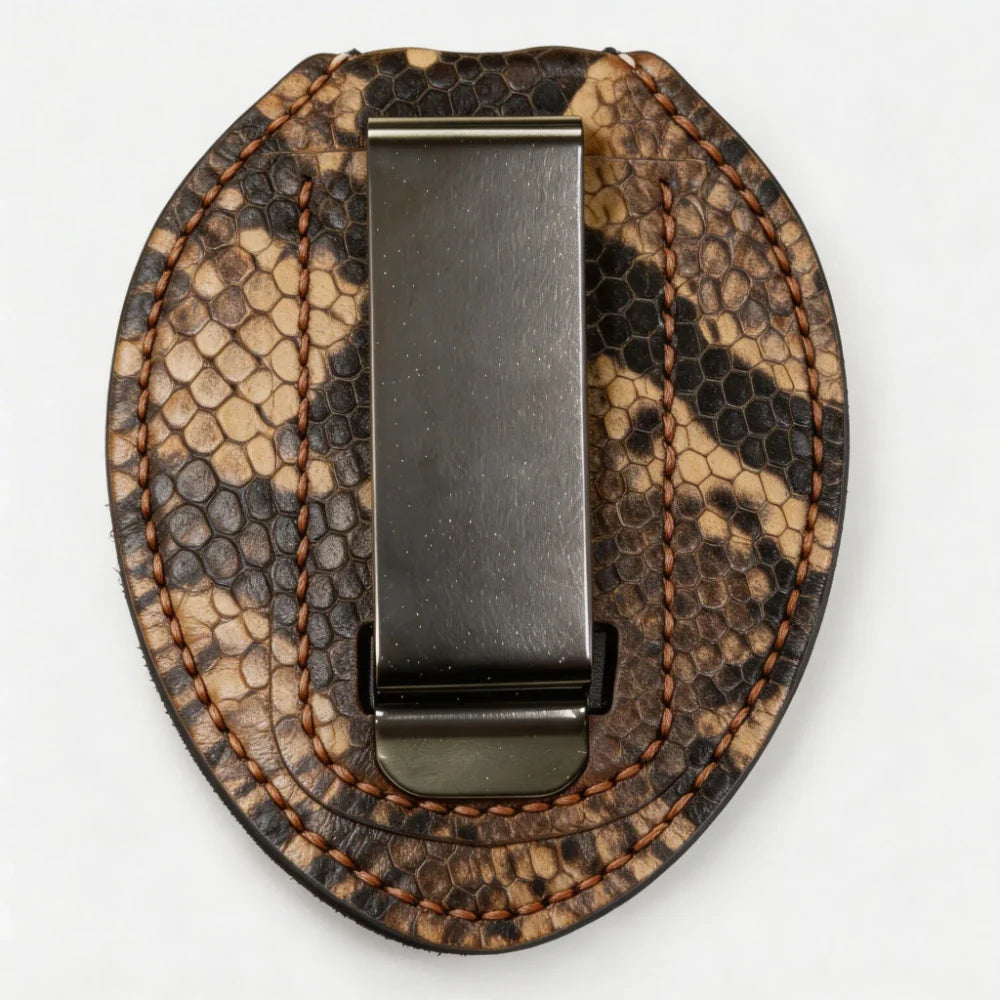 Porta Placa de Policía Ovalado de Cuero Genuino Personalizado - Funda P004 con Clip para Cinturón y Cadena para Cuello