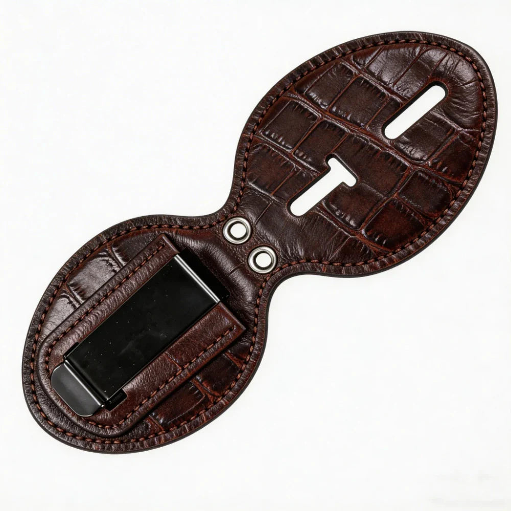 Tarjetero Ovalado Personalizado de Cuero Genuino para Placa de Policía - Estuche B003 con Clip para Cinturón y Cadena para el Cuello