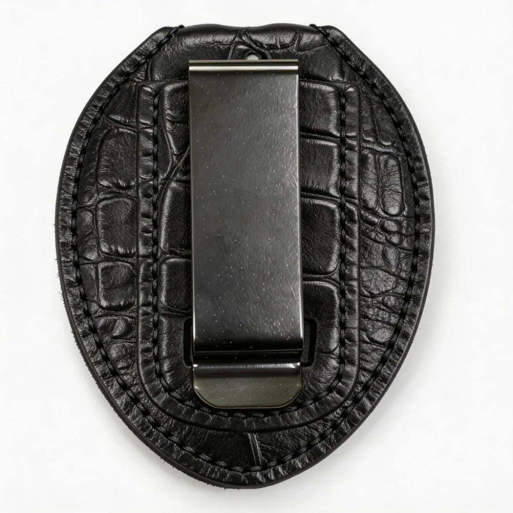 Tarjetero ovalado de cuero auténtico personalizado para insignia policial - Estuche C001 con clip para cinturón y cadena para el cuello