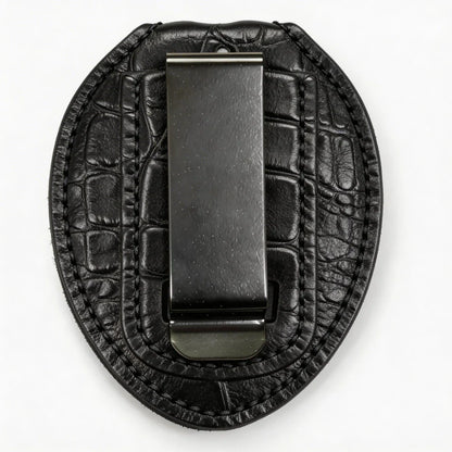 Tarjetero ovalado de cuero auténtico personalizado para insignia policial - Estuche C001 con clip para cinturón y cadena para el cuello