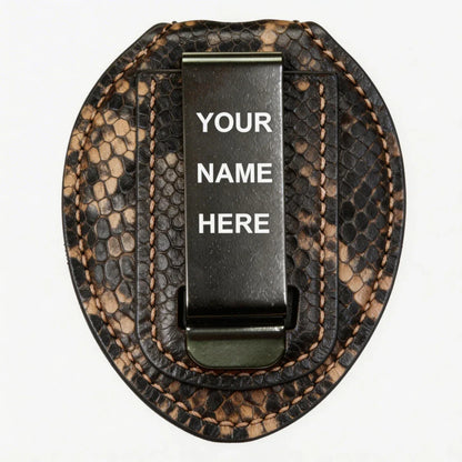 Porta Placa de Policía Ovalado de Cuero Genuino Personalizado - Funda P004 con Clip para Cinturón y Cadena para Cuello