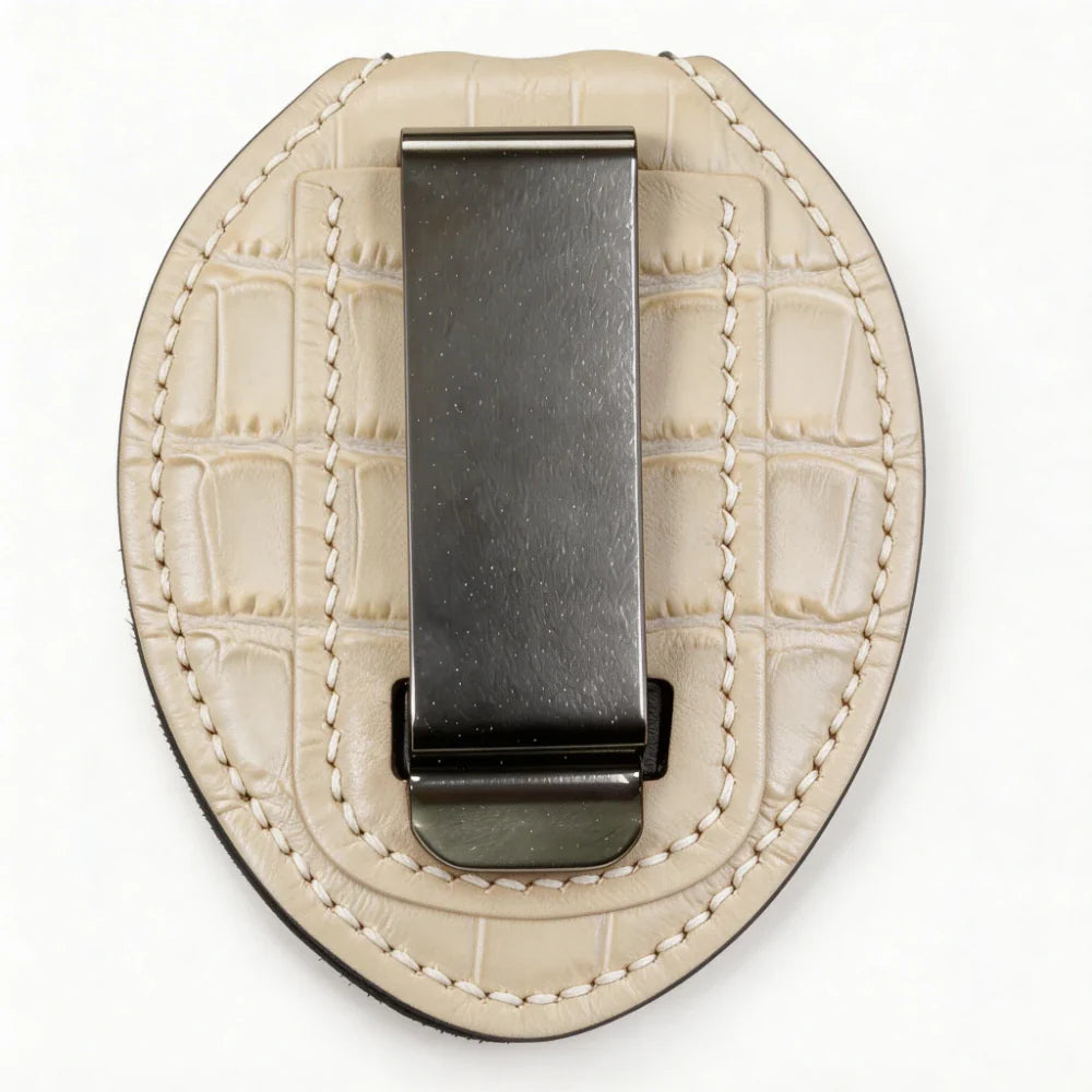 Tarjetero ovalado de cuero genuino personalizado para placa de policía - Estuche B008 con clip para cinturón y cadena para cuello