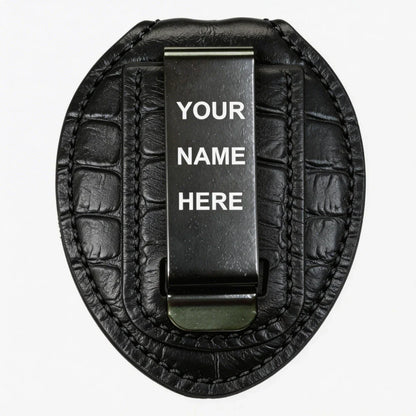 Tarjetero ovalado de cuero auténtico personalizado para insignia policial - Estuche C001 con clip para cinturón y cadena para el cuello