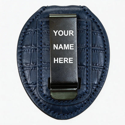 Porta Placa de Policía Ovalado de Cuero Genuino Personalizado - Estuche B004 con Clip para Cinturón y Cadena para el Cuello