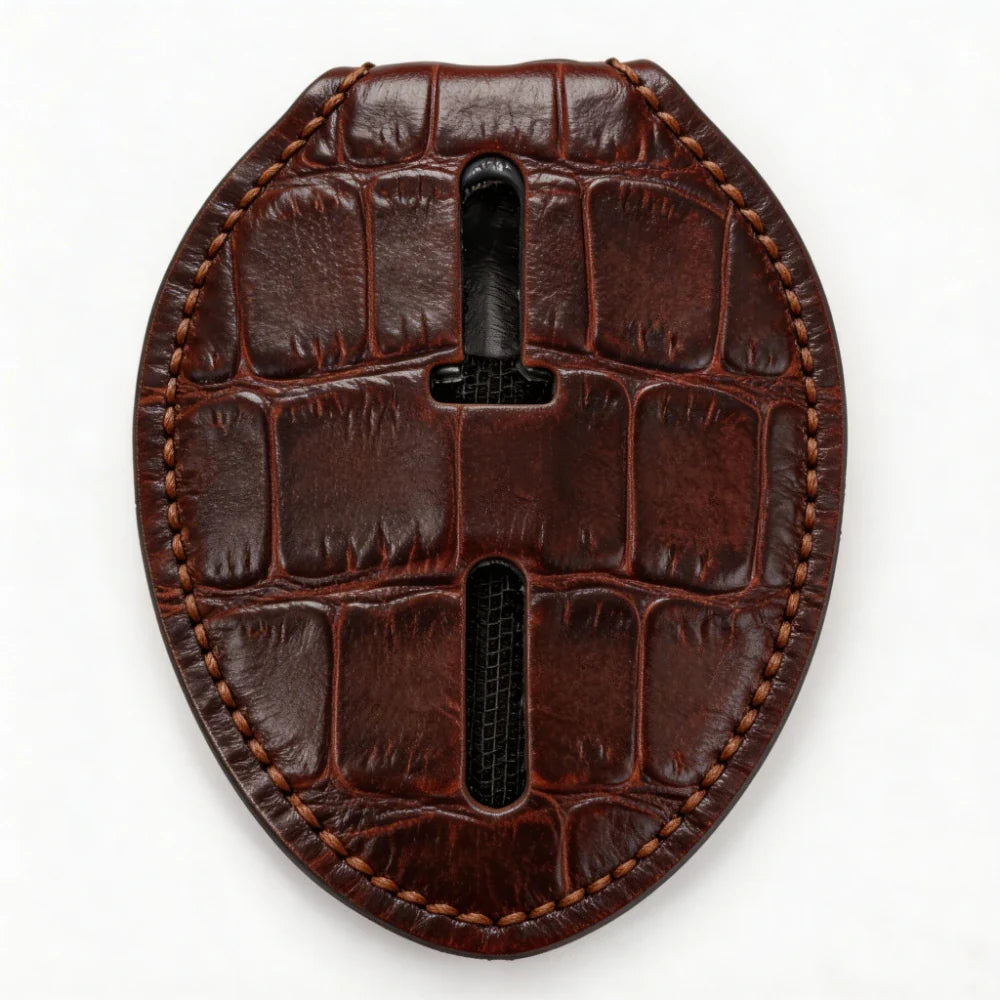 Tarjetero Ovalado Personalizado de Cuero Genuino para Placa de Policía - Estuche B003 con Clip para Cinturón y Cadena para el Cuello