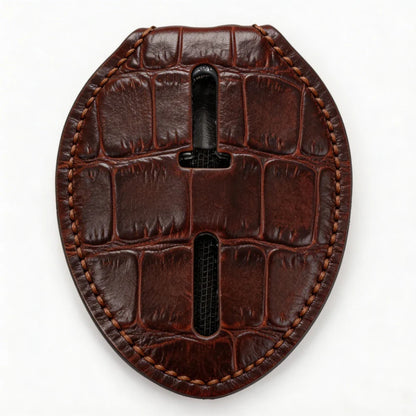 Tarjetero Ovalado Personalizado de Cuero Genuino para Placa de Policía - Estuche B003 con Clip para Cinturón y Cadena para el Cuello