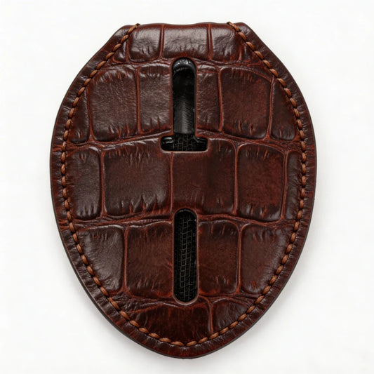 Tarjetero Ovalado Personalizado de Cuero Genuino para Placa de Policía - Estuche B003 con Clip para Cinturón y Cadena para el Cuello