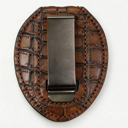 Funda ovalada de cuero genuino personalizada para placa de policía - Estuche C003 con clip para cinturón y cadena para el cuello