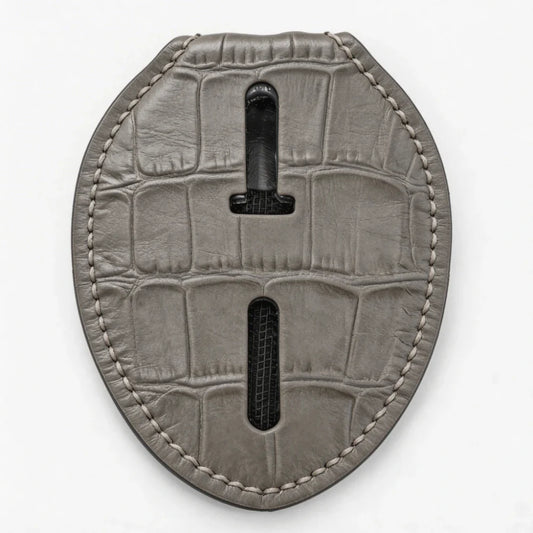 Porta-Placa Ovalado Personalizado de Cuero Genuino para Policía - Estuche B007 con Clip para Cinturón y Cadena para el Cuello
